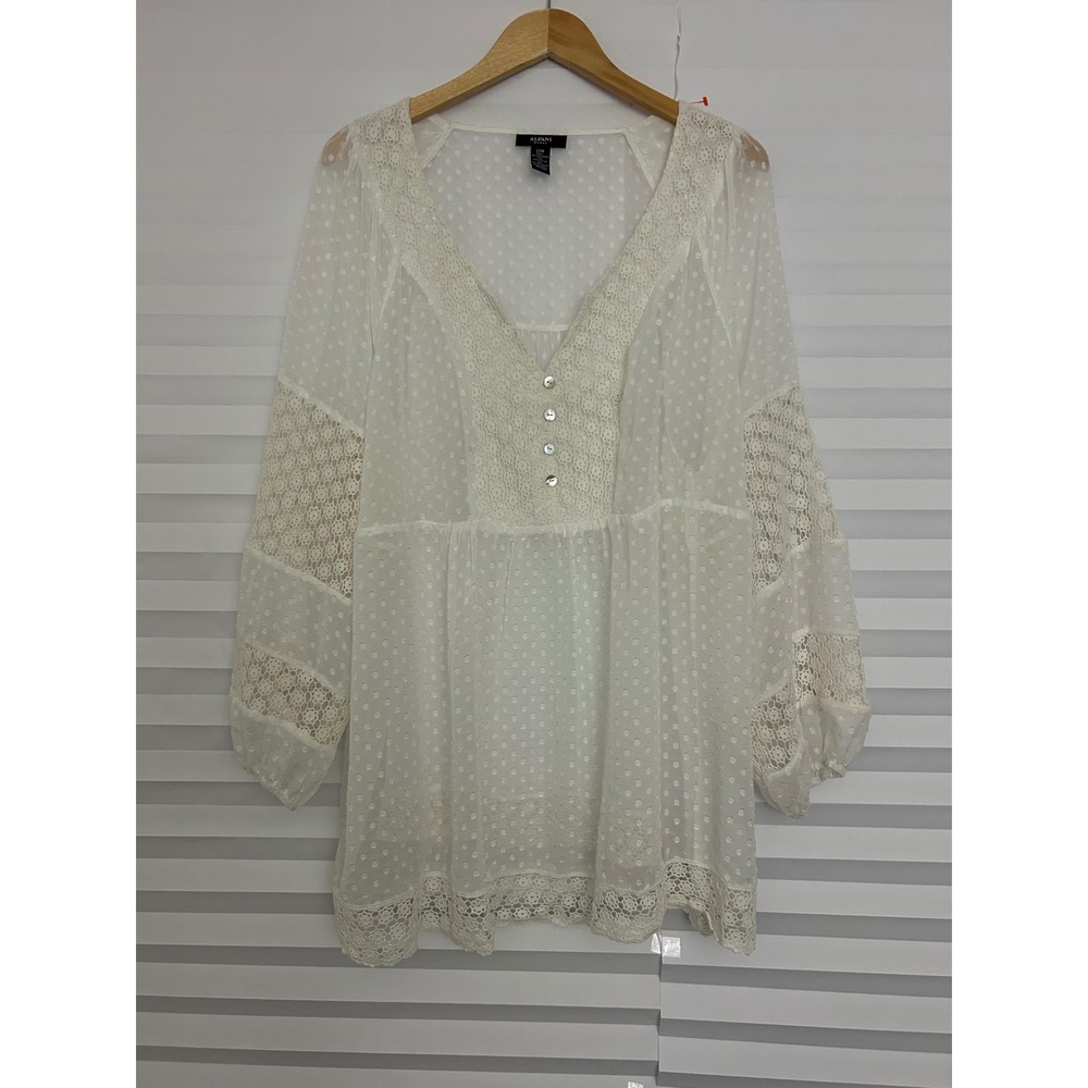Alfani‎ Woman White Swiss Dot Lace Trim Tunic Top Cottagecore 20W Boho Sheer